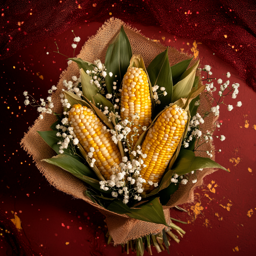 Fresh yellow and white corn bouquet on dark red.