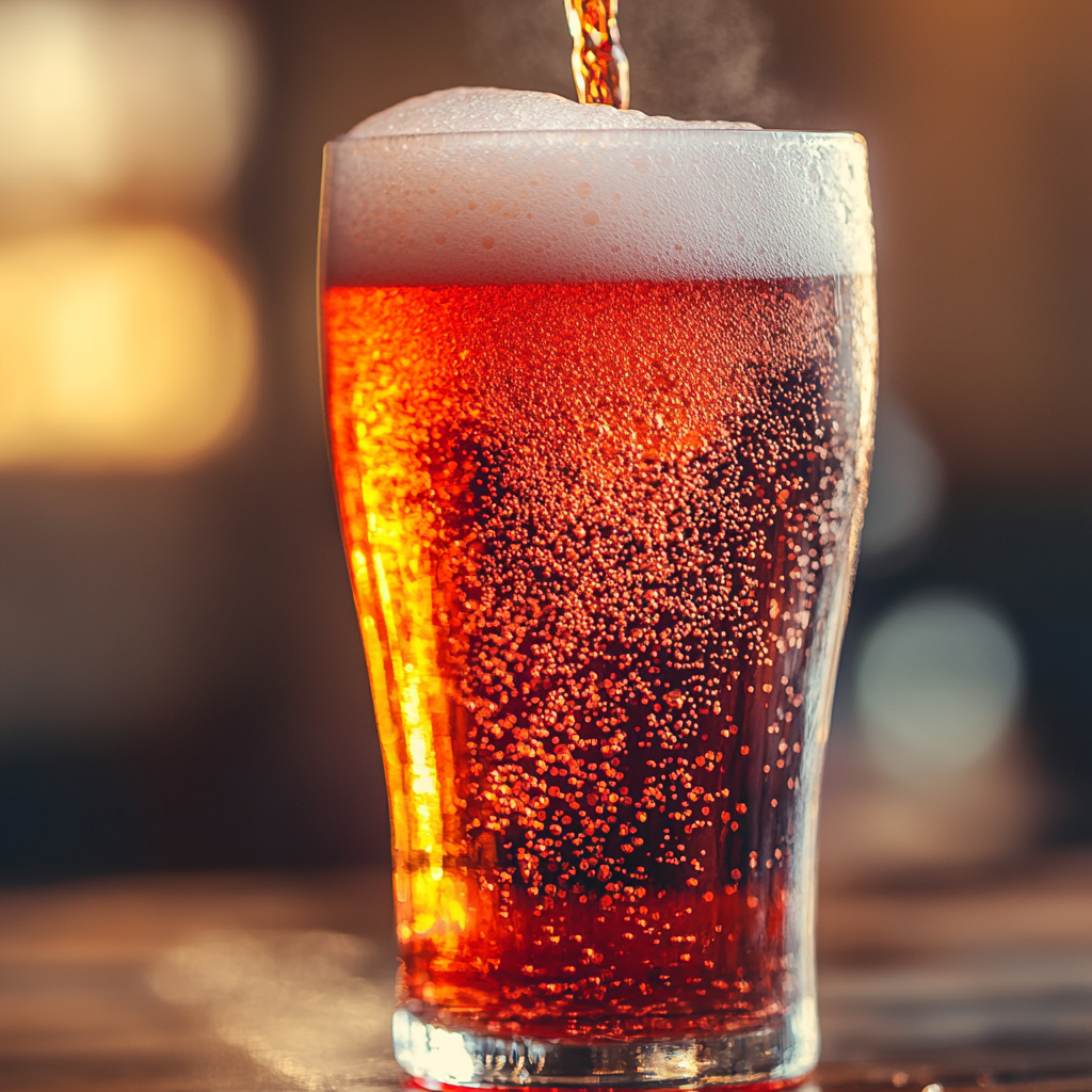 Freshly poured red soda in glass 