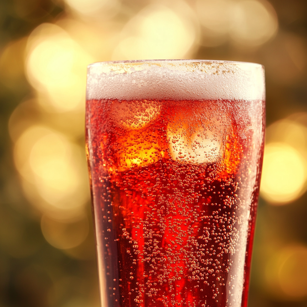 Freshly poured red soda in glass with foam