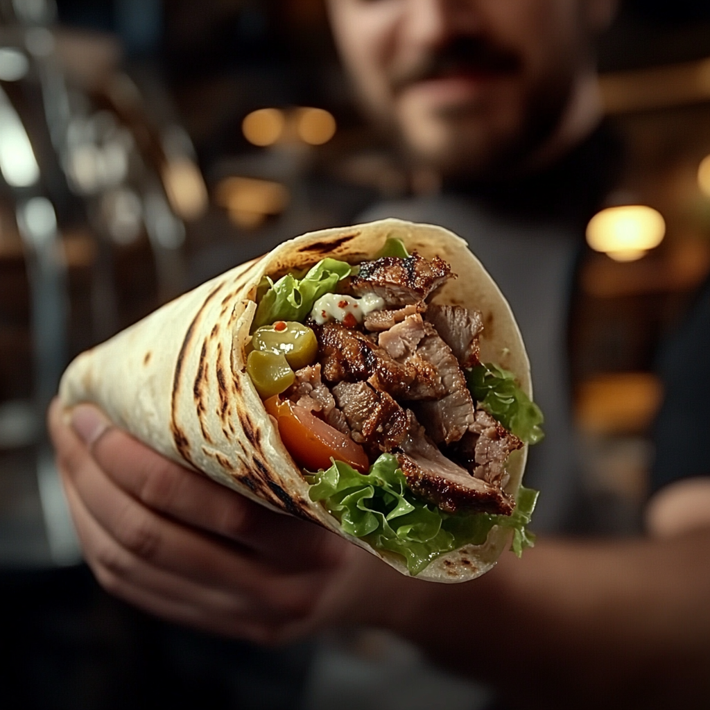 Freshly sliced shawarma wrap overflowing with juicy, seasoned meat