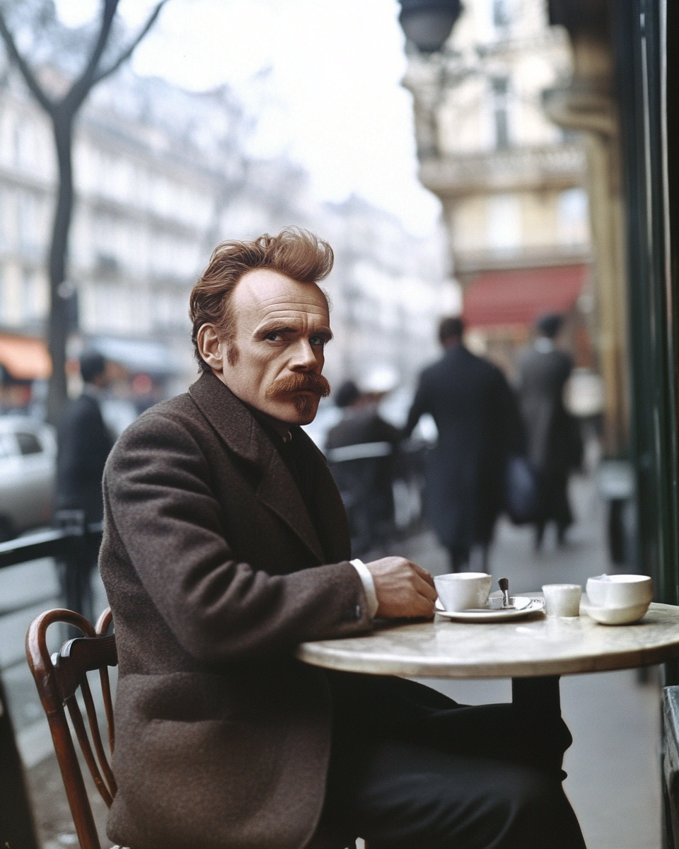 Friedrich Nietzsche pondering in Parisian cafe in 1950s.