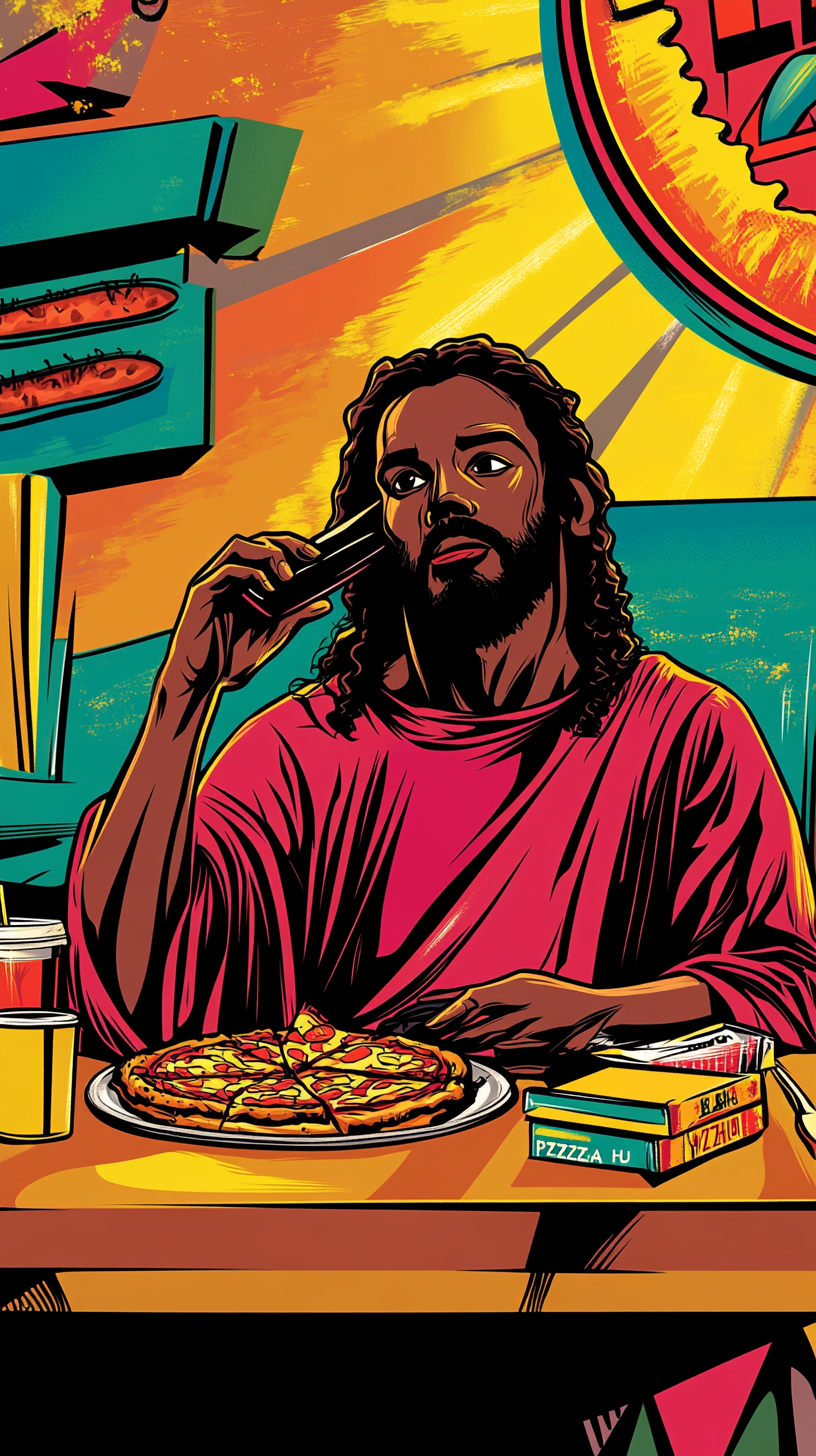 Friendly Black Jesus enjoys pizza in Pizza Hut.