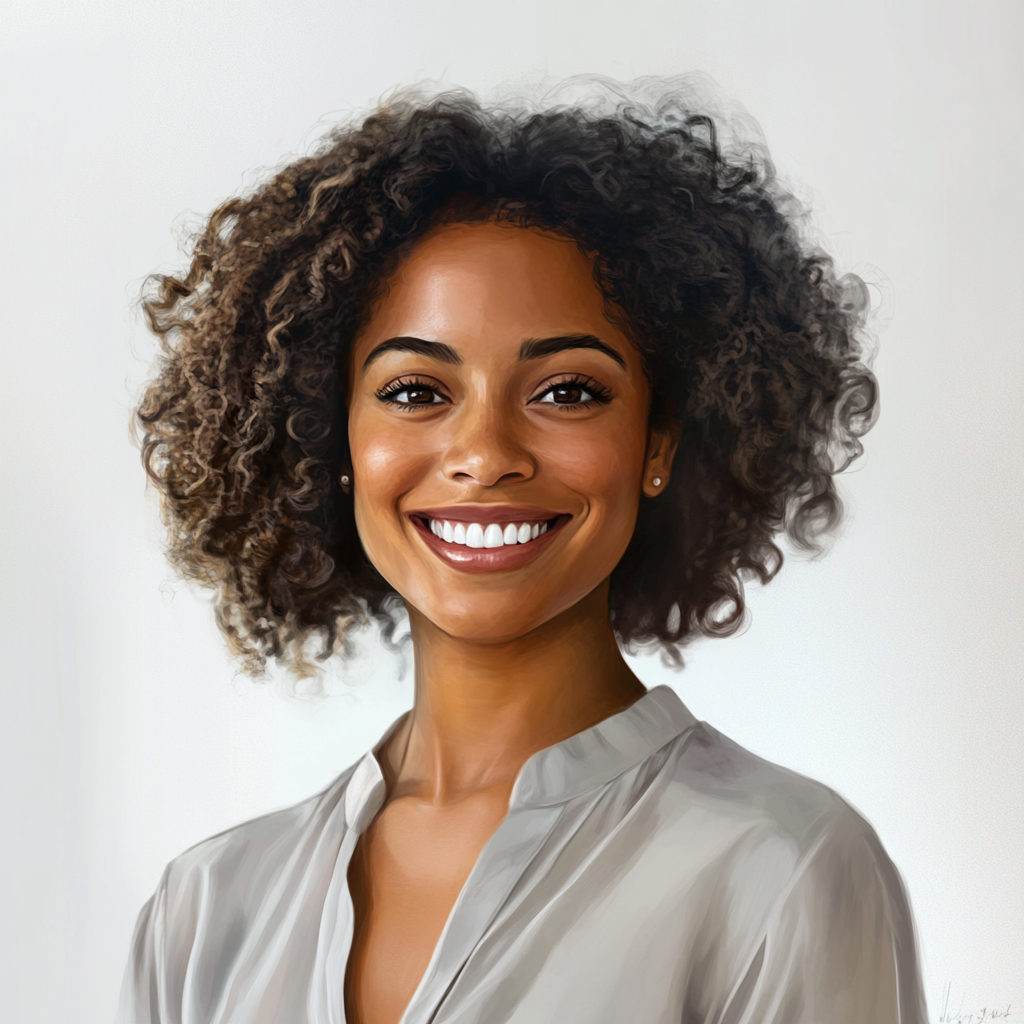 Friendly Black woman in 20s with curly hair smiling.