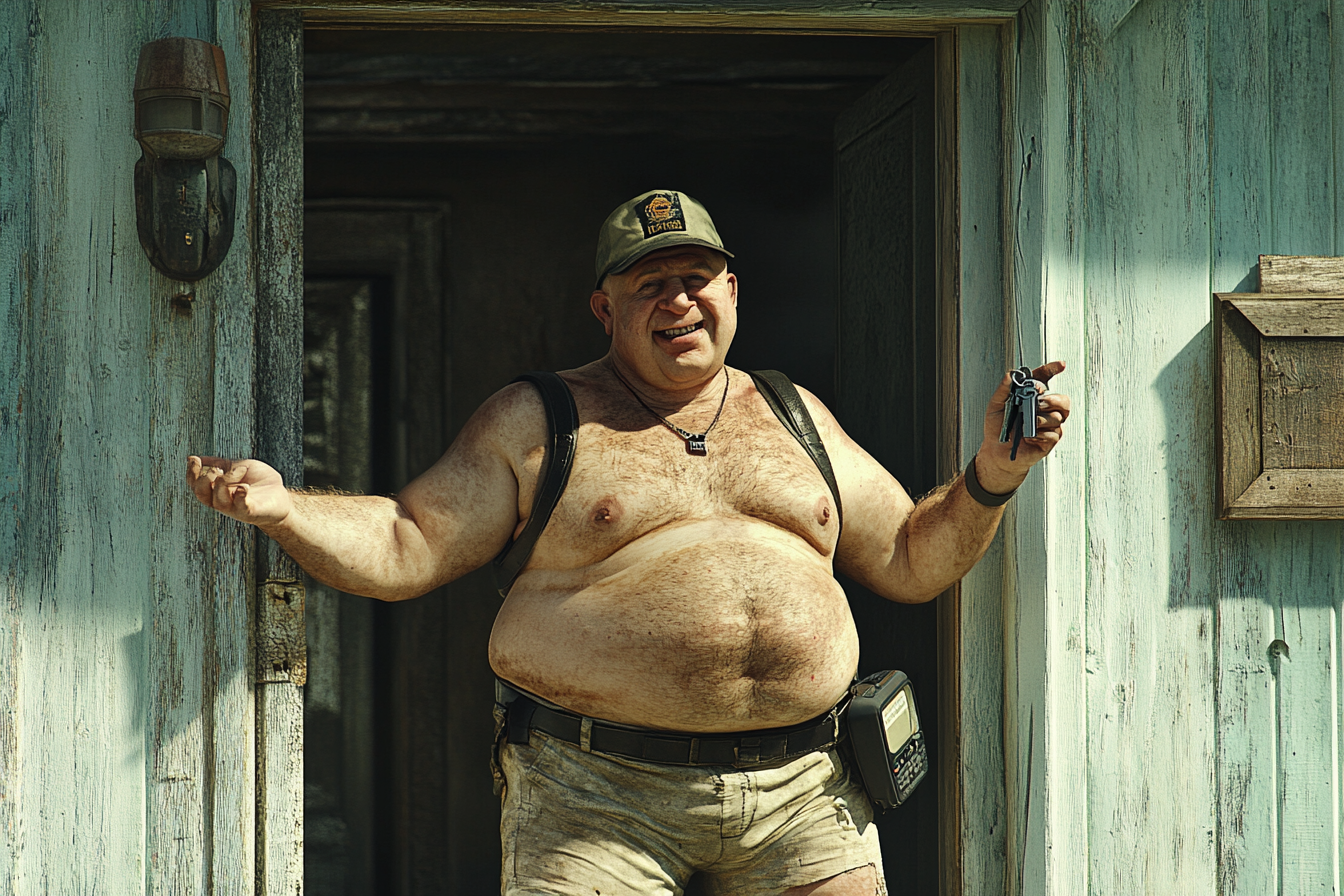 Friendly Guard Offers Keys in Guardhouse Doorway.