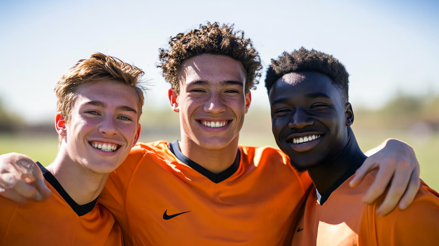 Friendly Soccer Teammates Smiling on Field