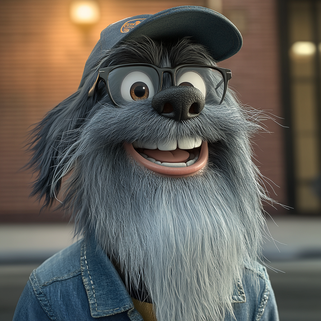 Friendly dog with glasses, cap and beard smiles.