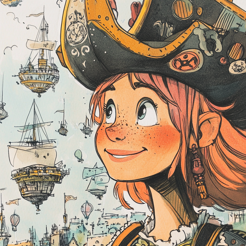 Friendly female pirate smiles with airships and islands