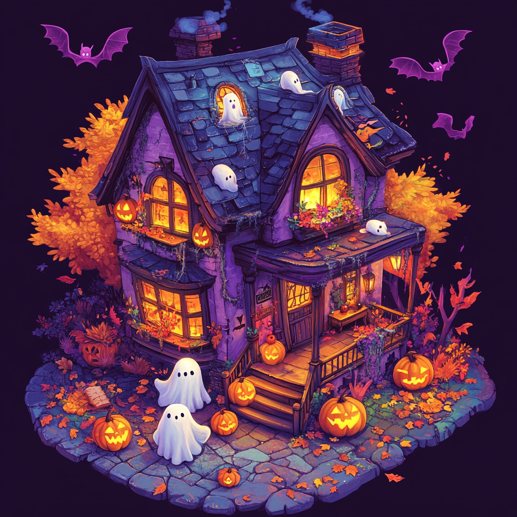 Friendly ghosts in colorful house with witch's broom.