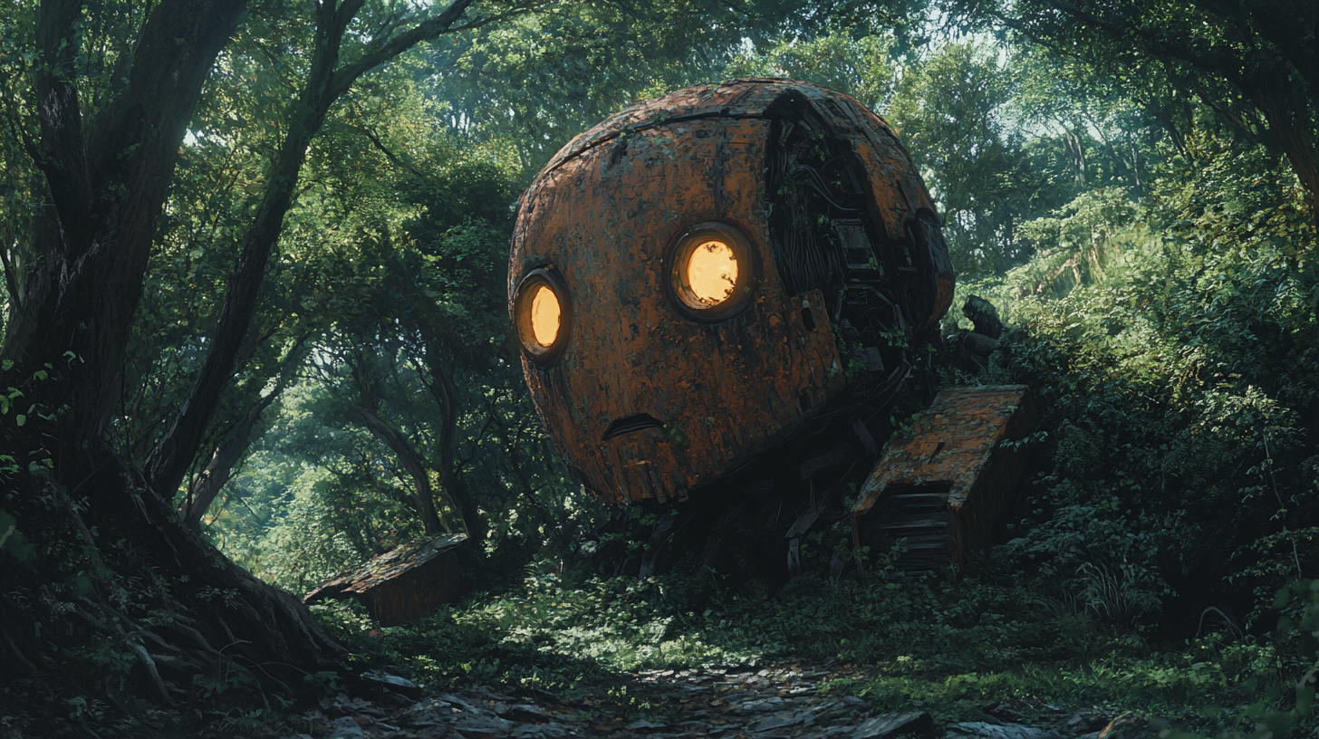 Friendly giant robot in forest with illuminated eyes.