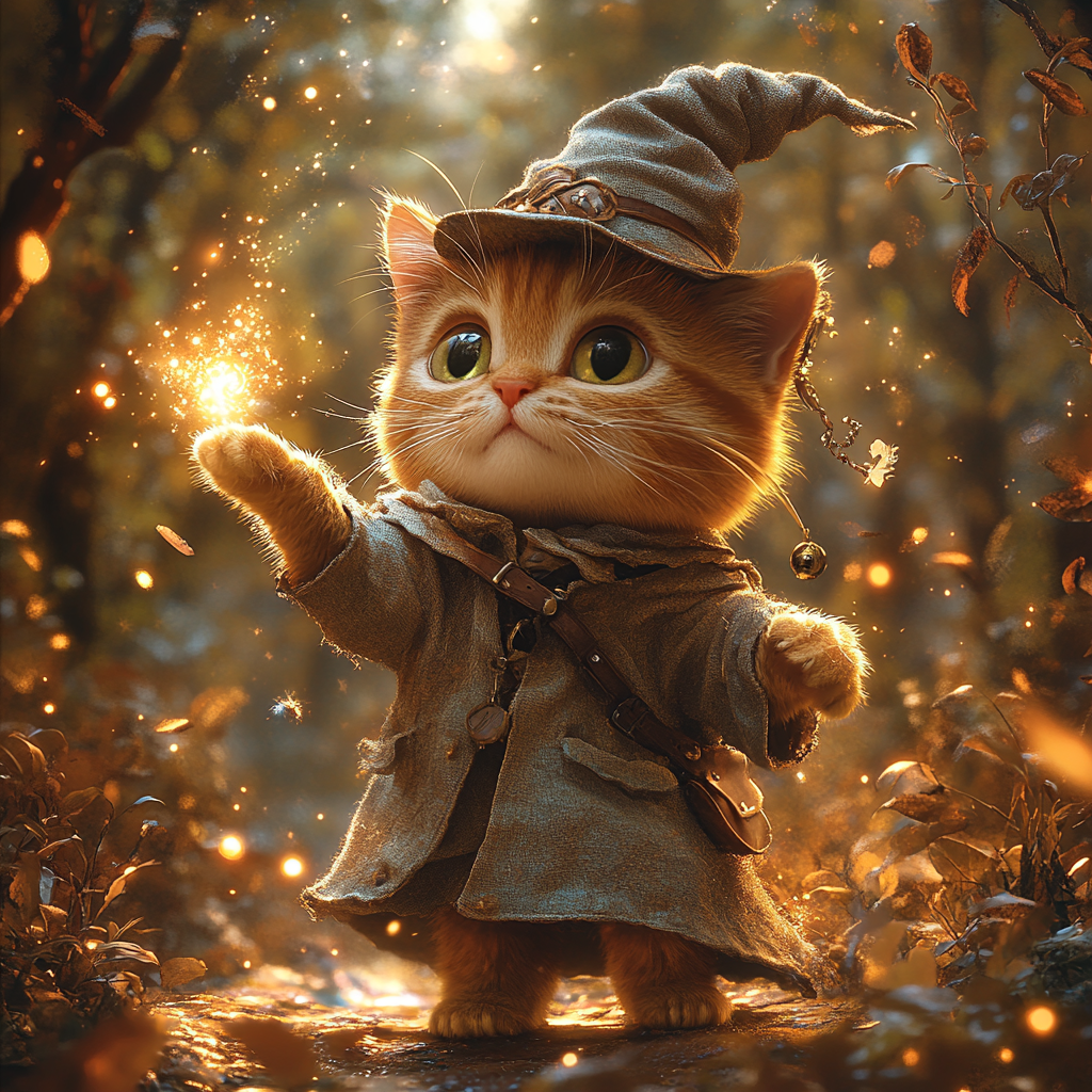 Friendly ginger cat wizard casting spells in magical grove