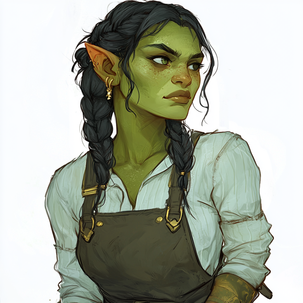 Friendly half-orc woman in apron welcomes visitors