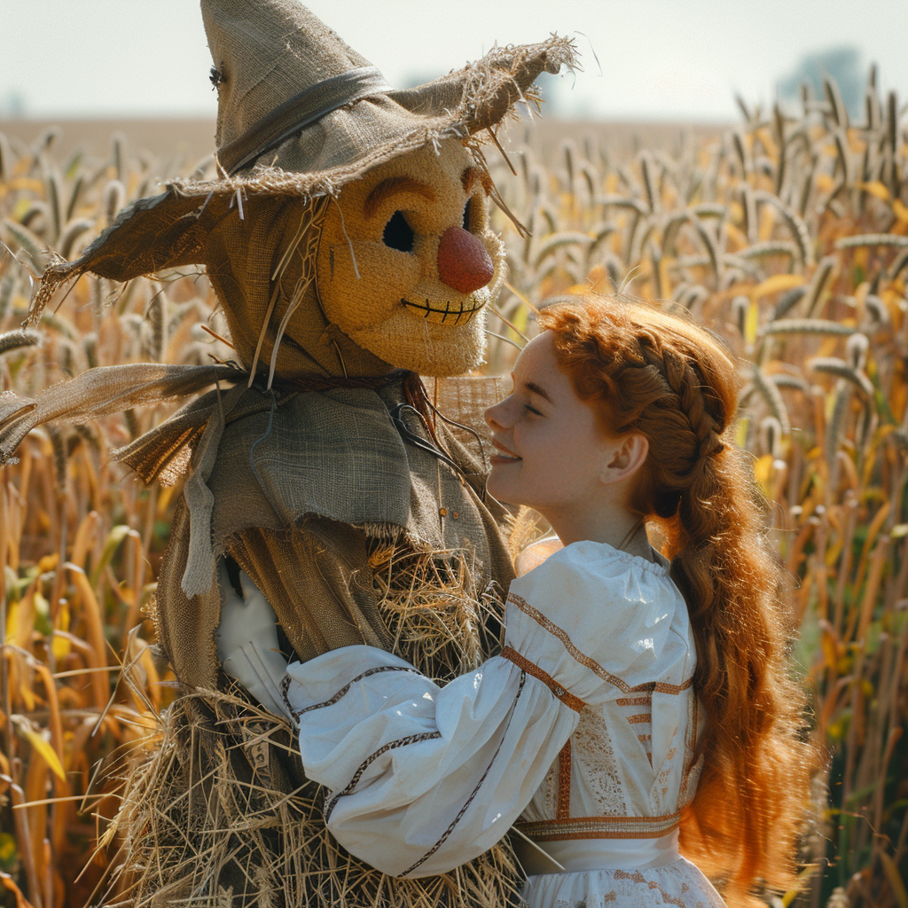 Friendly scarecrow in wheat field hugs girl, camera effects.