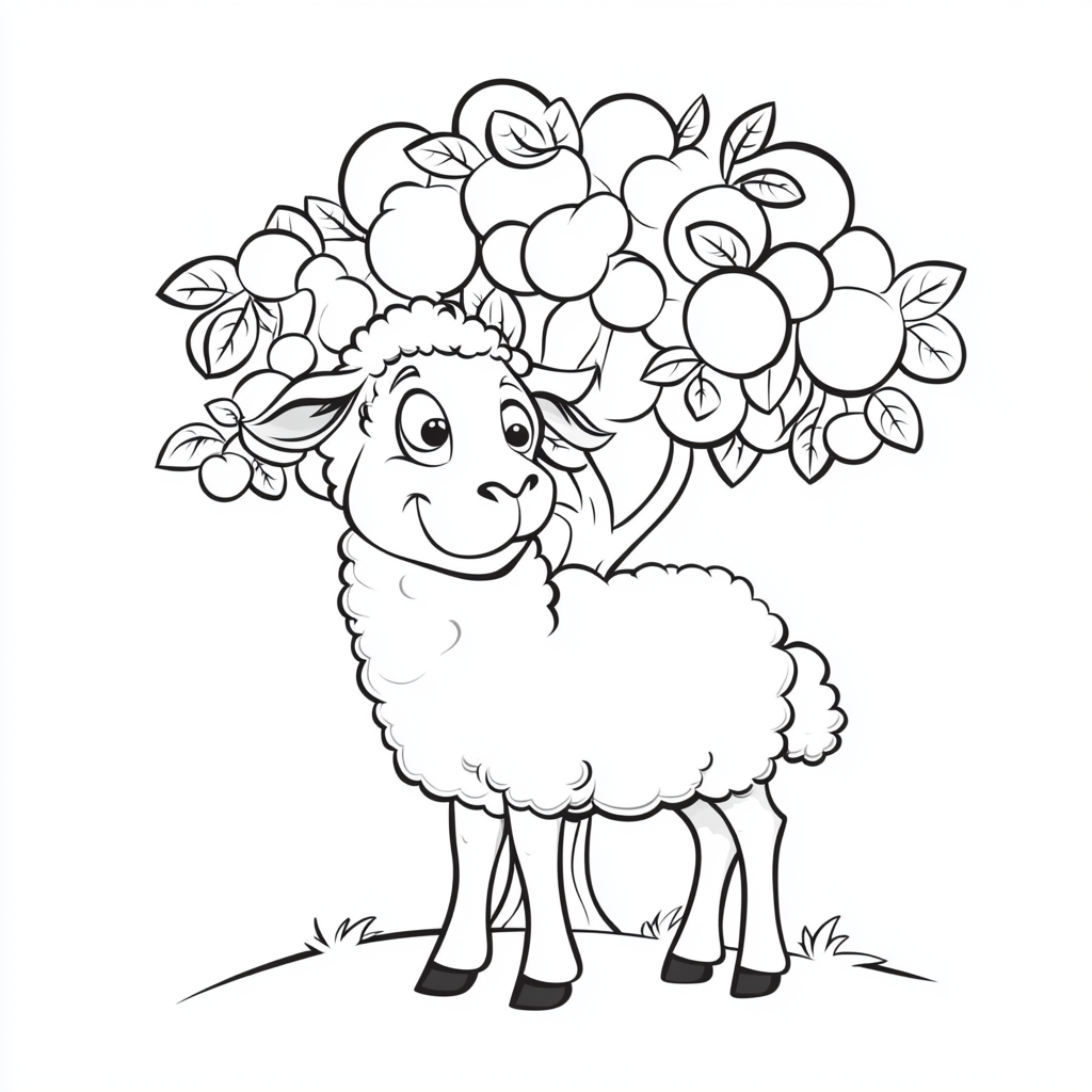 Friendly sheep in Disney cartoon style, standing beside apple tree.