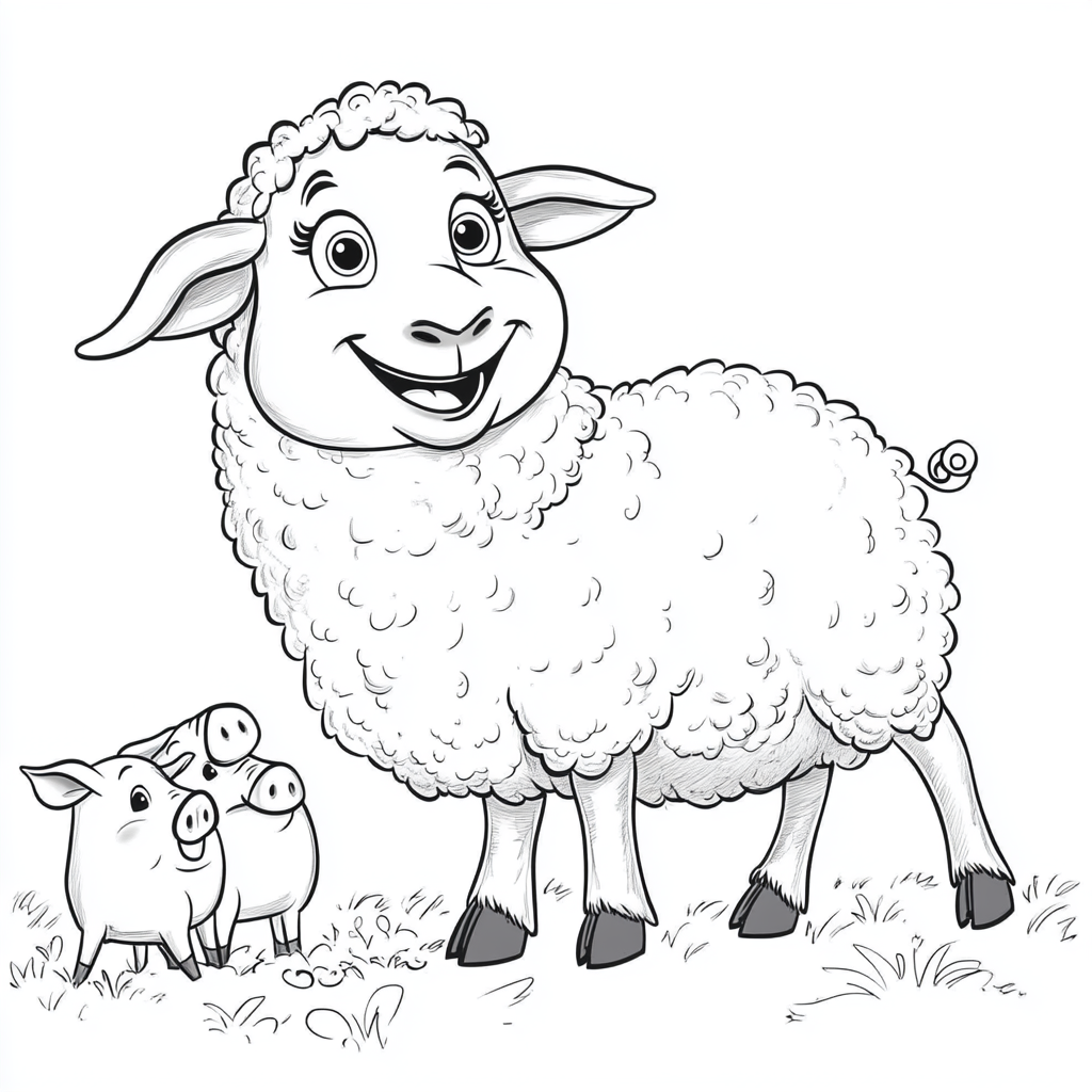 Friendly sheep in garden with pepper pigs, coloring page.