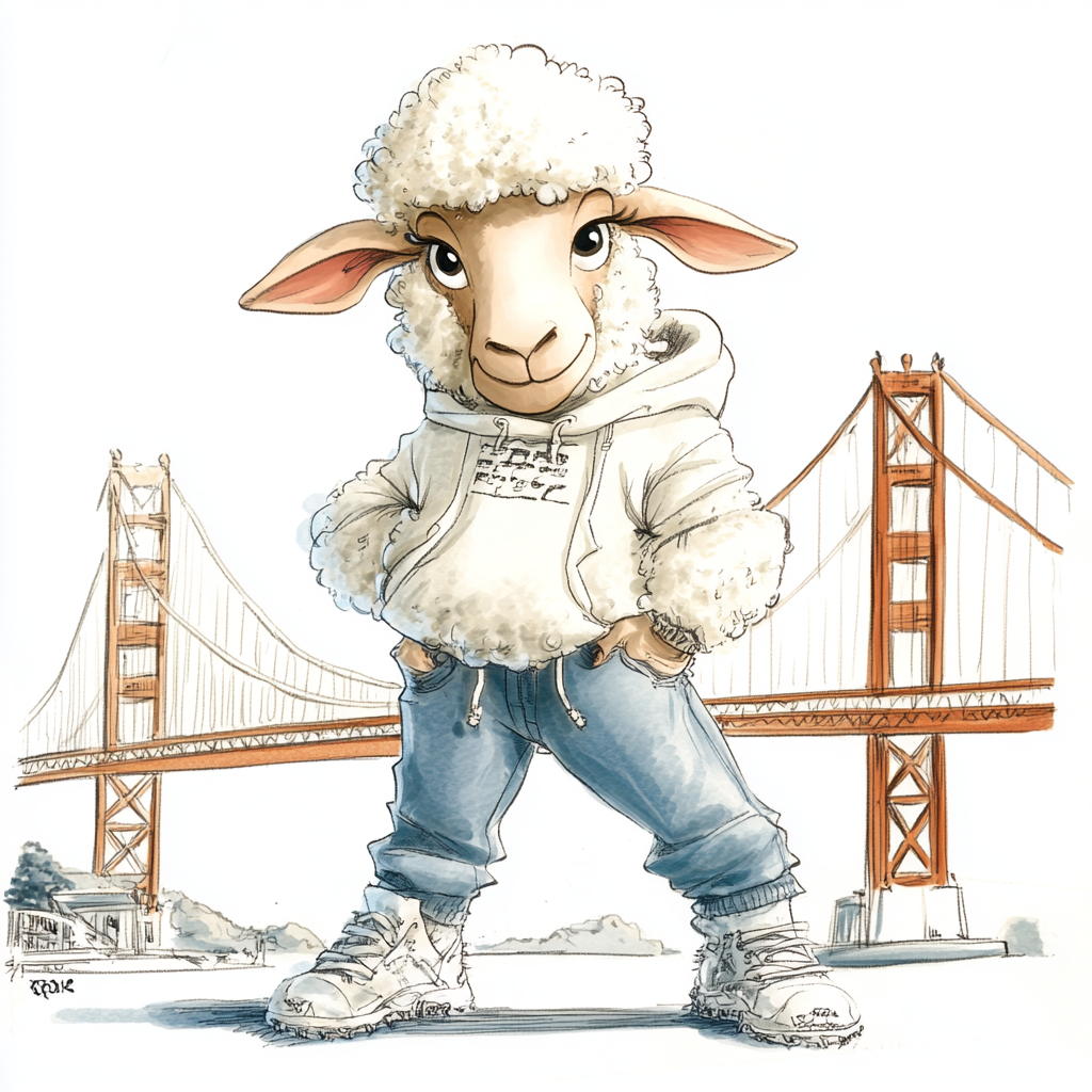 Friendly sheep in hip hop clothes at Golden Gate.