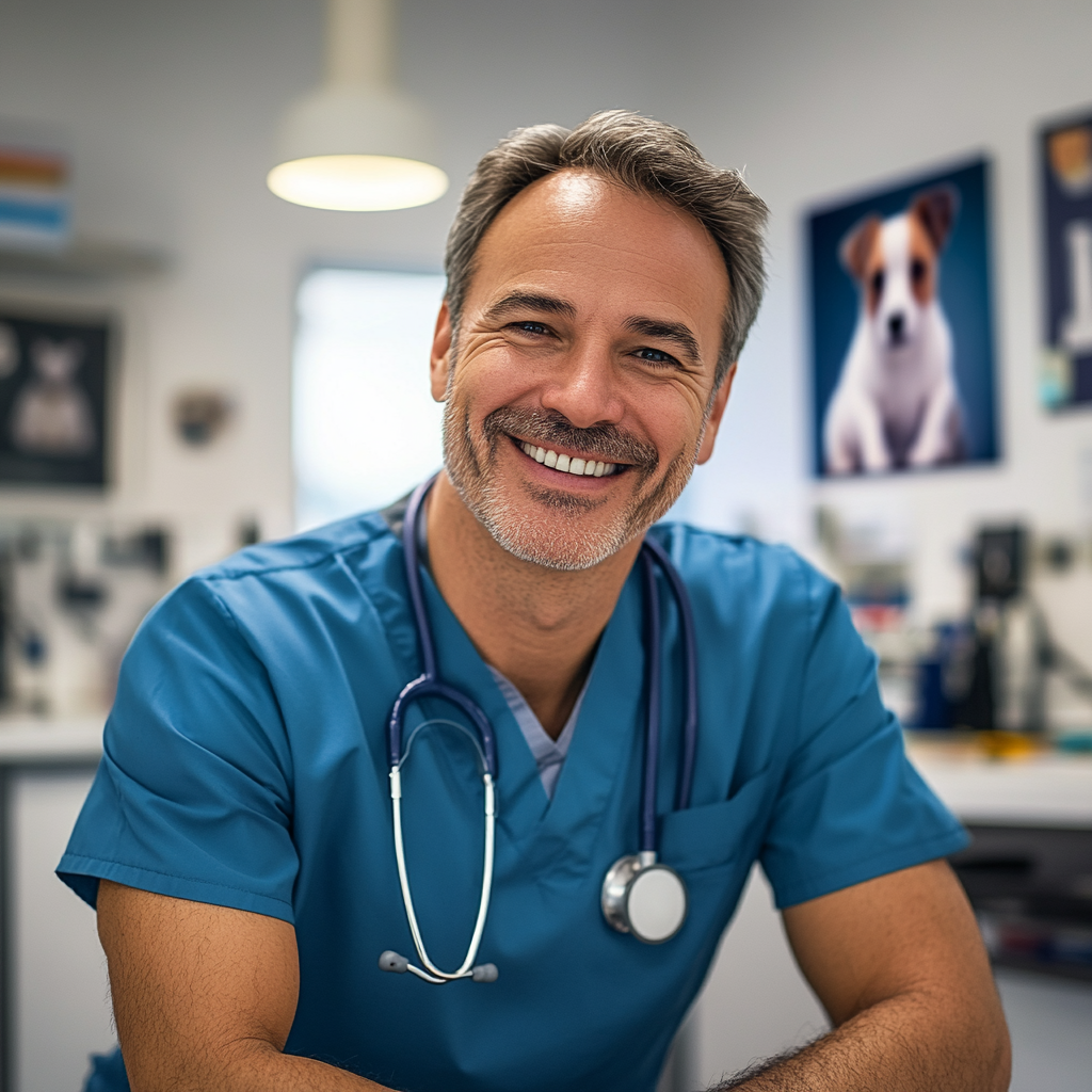 Friendly vet in modern office smiling at camera.