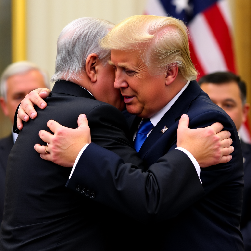 Friends, Trump and Netanyahu, hugging and crying.