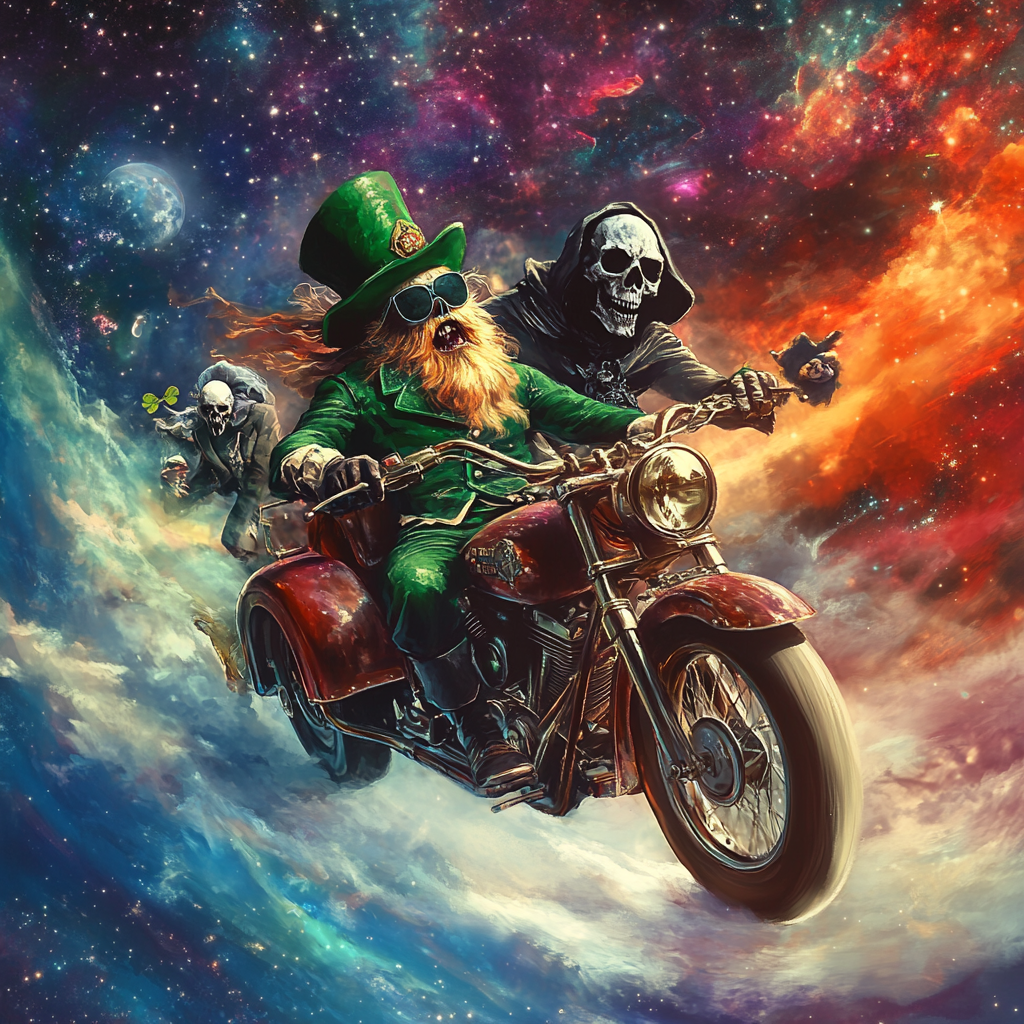 Friends Riding Through Nebula on Motorbike