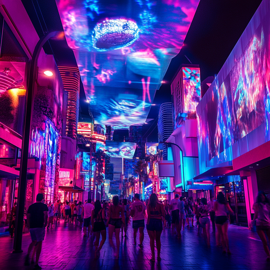 Friends dancing under Vegas lights, music in the air.