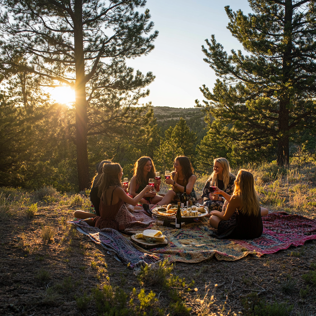 Friends enjoy sunset picnic in forest with wine