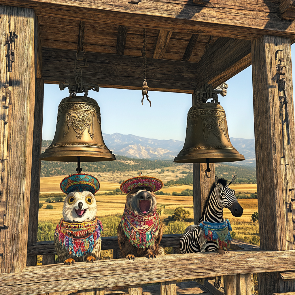 Friends in Mexican sombreros stand in rustic church tower.