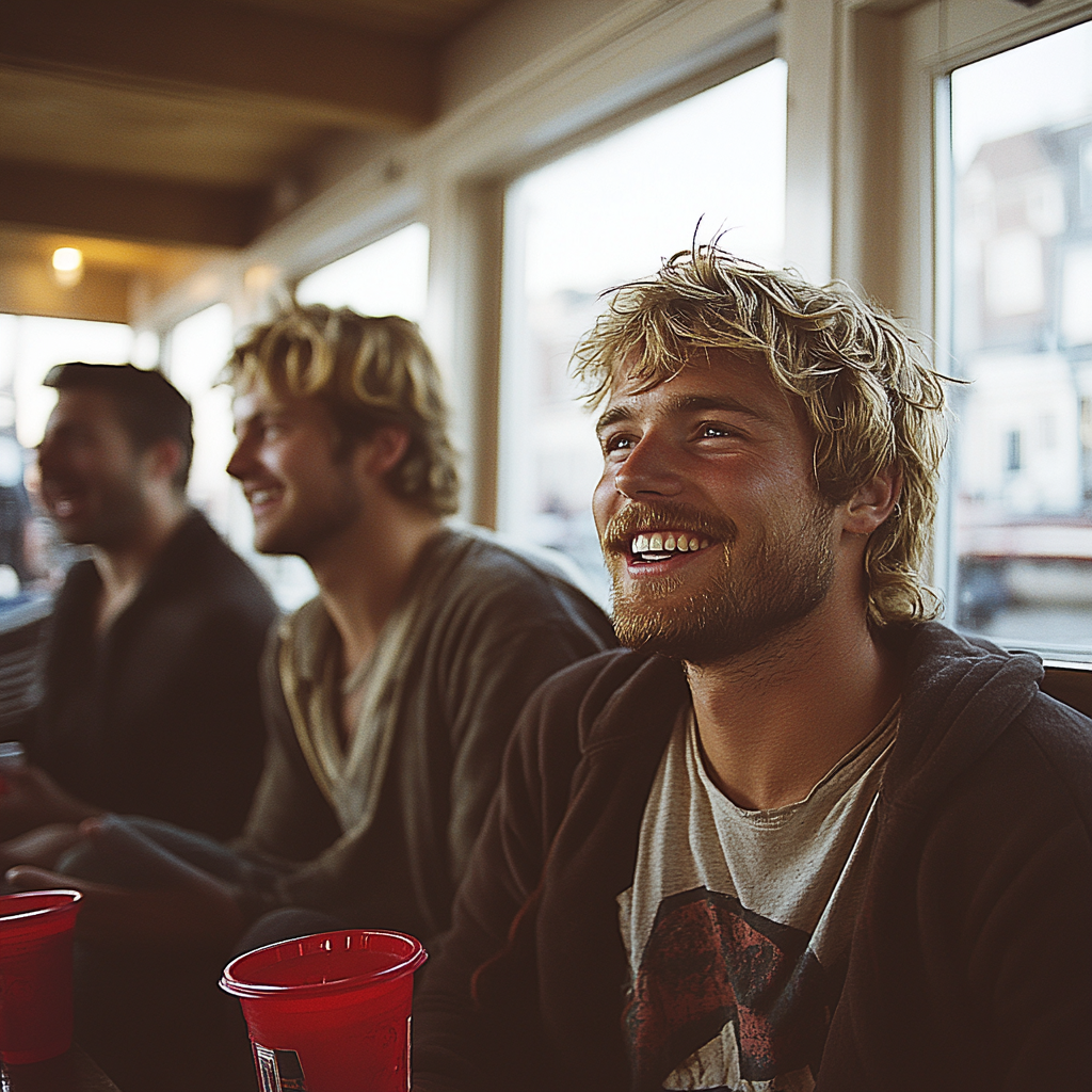 Friends laughing, drinking at urban house party