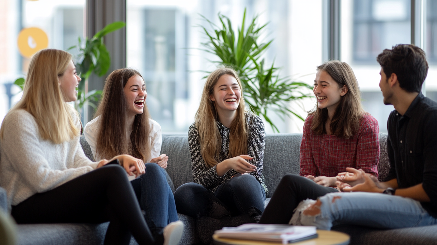 Friends laughing and talking on a comfy gray couch.