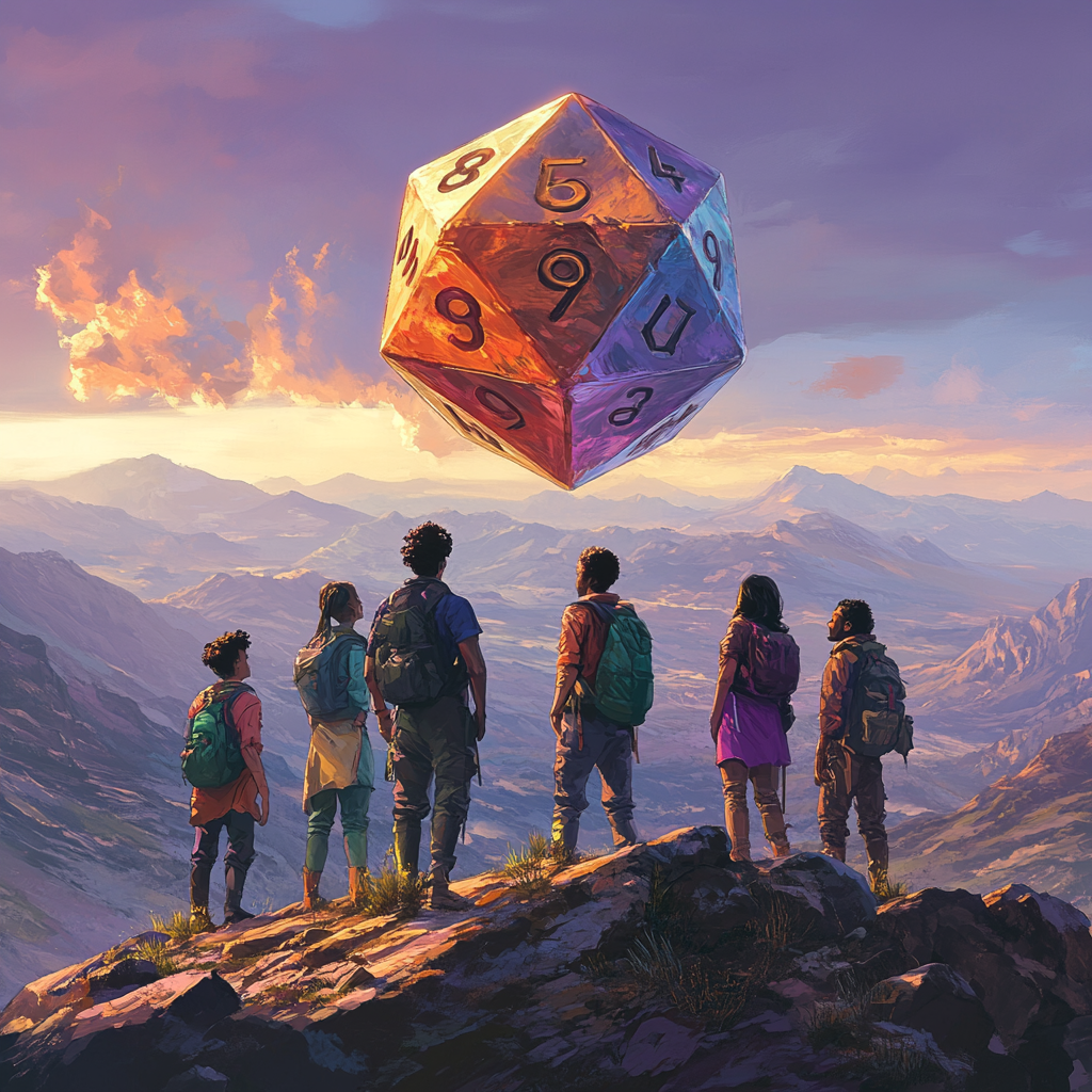 Friends on mountain trail amazed by giant dice.