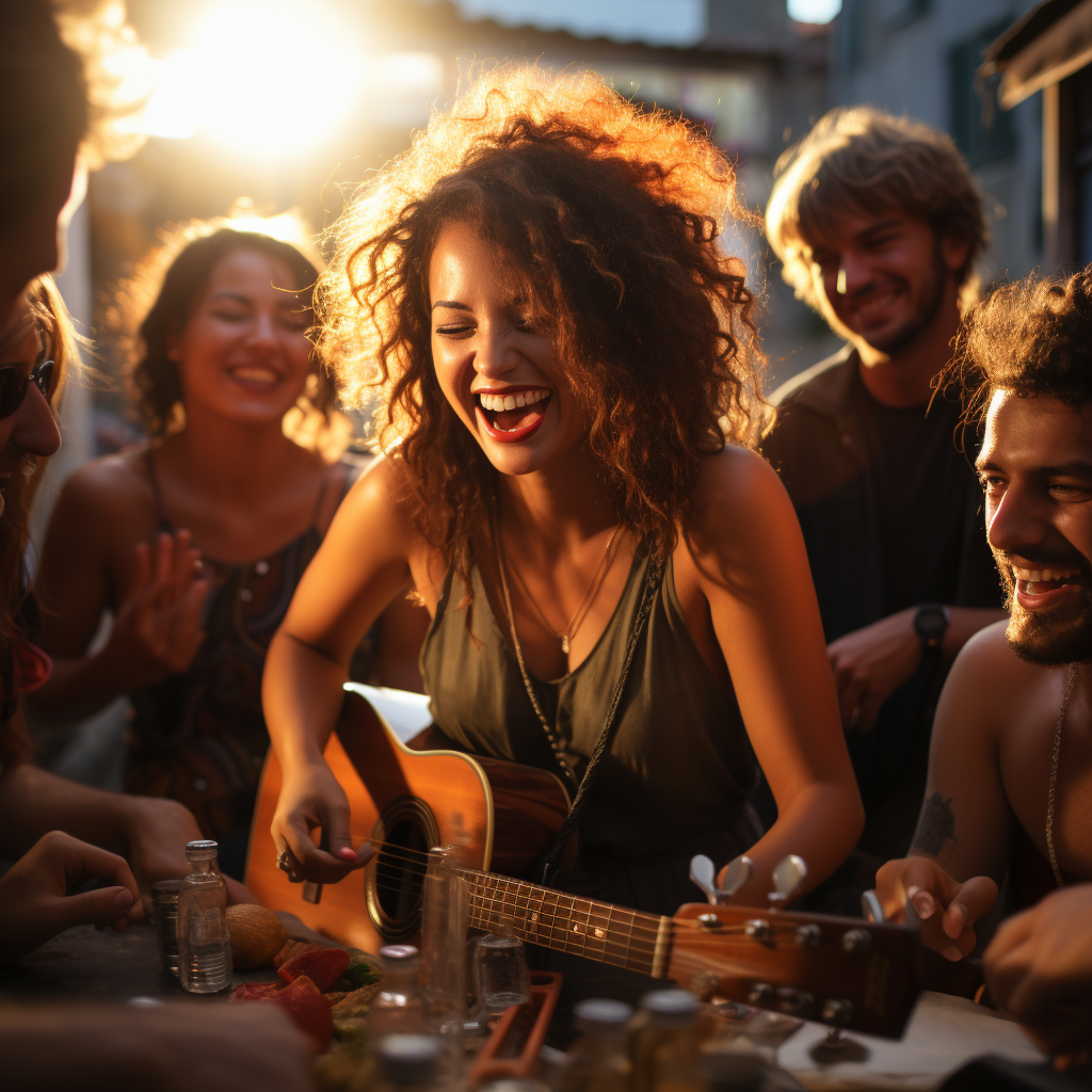 Friends playing music and dancing at Brazil bar.