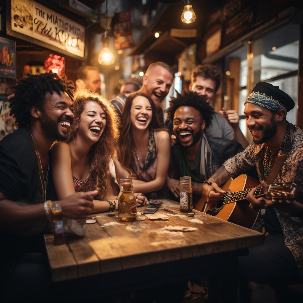 Friends playing music at bar in Brazil.