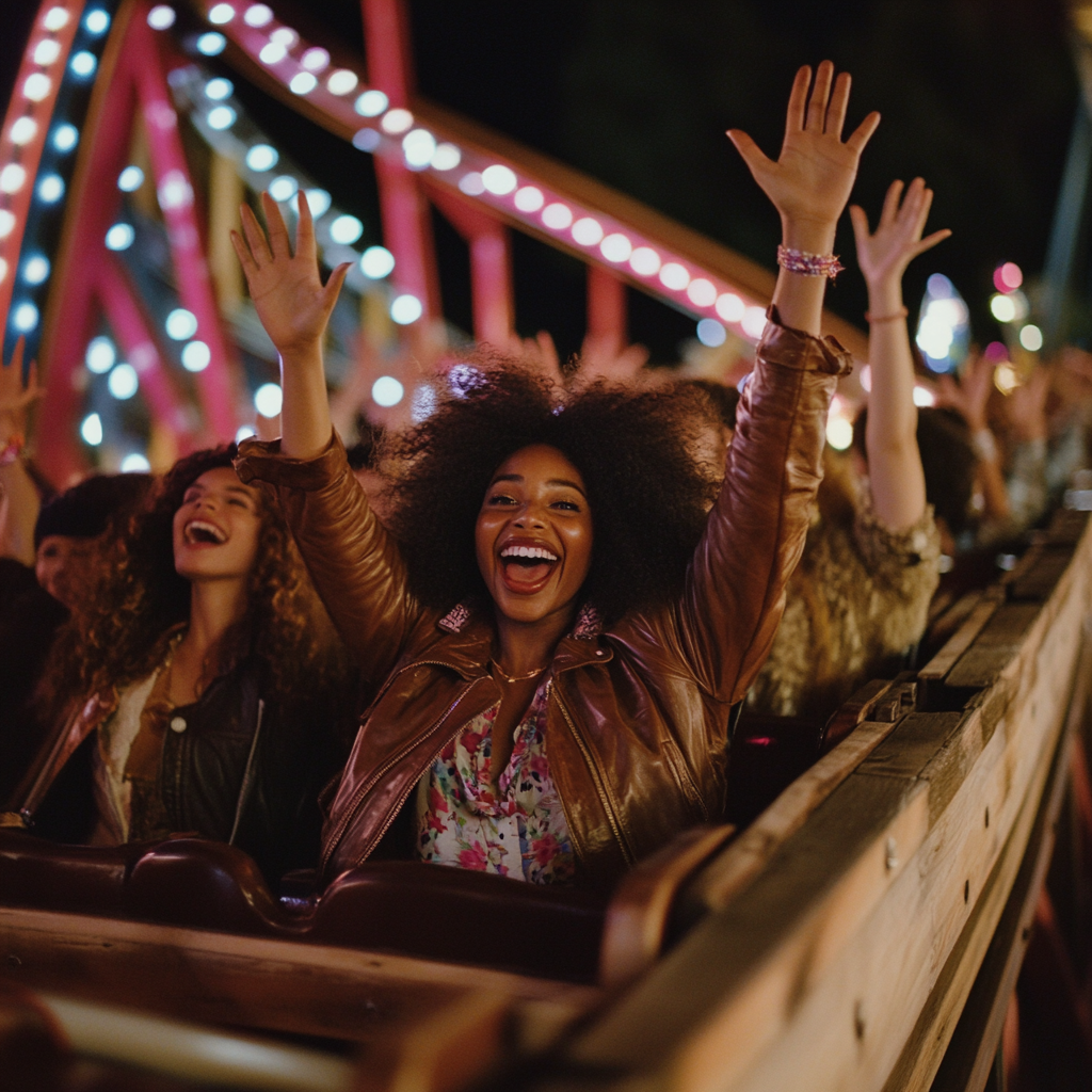 Friends ride a roller coaster at night