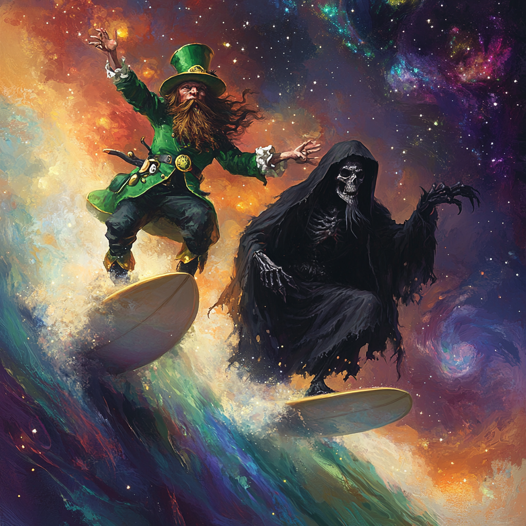 Friends surfing through cosmos: Leprechaun and Grim Reaper