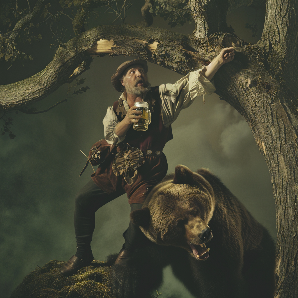 Frightened man in German clothing holding beer, bear below.