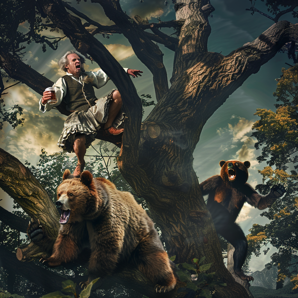 Frightened man in tree escaping angry bear. Traditional German.