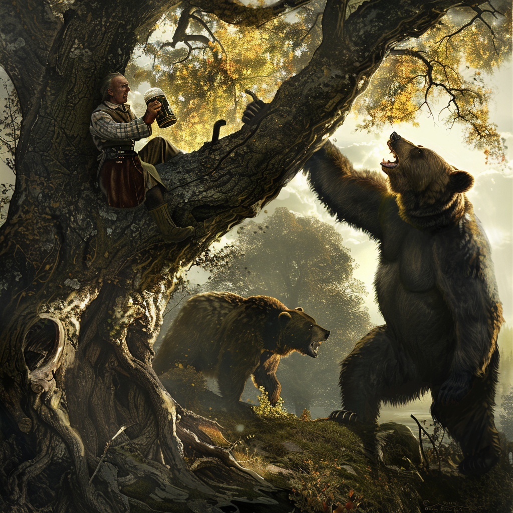 Frightened man in tree trying to escape bear.