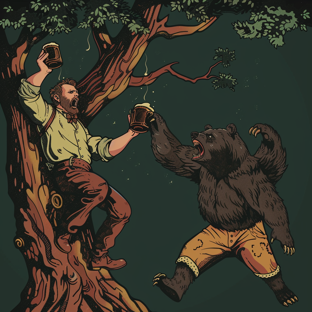 Frightened man in tree with bear and beer mug.