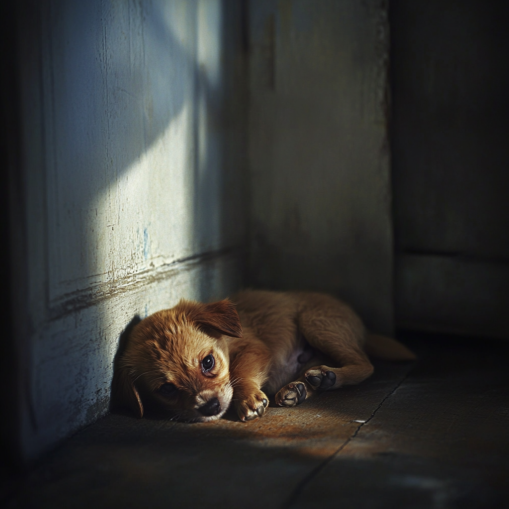 Frightened puppy with sad eyes in dimly lit room.