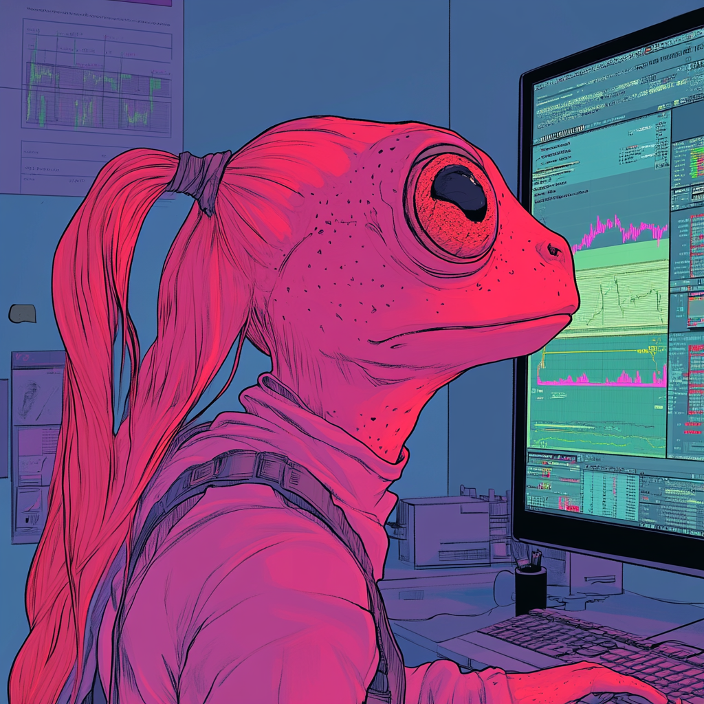 Frog with Red Skin and Hair Looking at Crypto Chart 