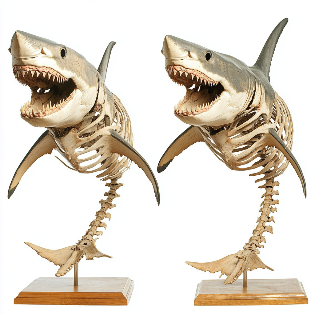 Front and rear views of great white shark skeleton.