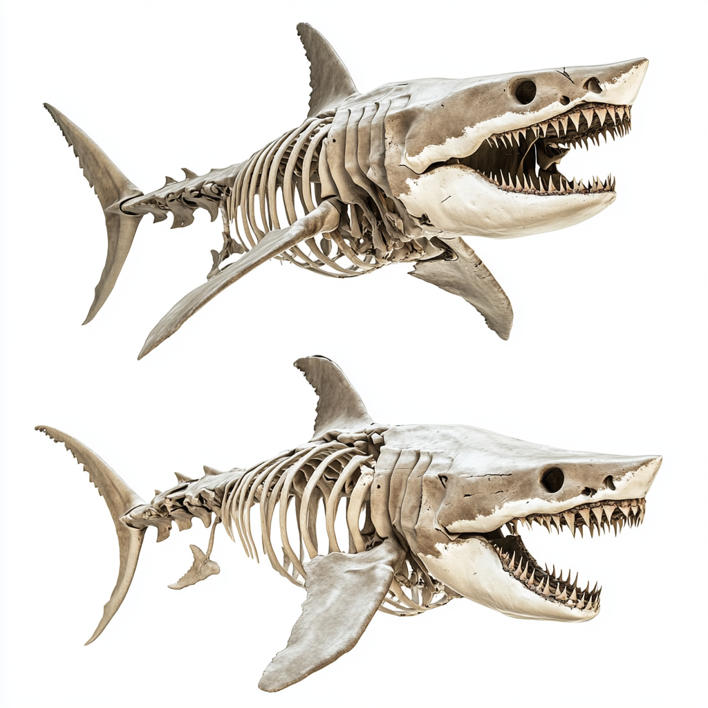 Front and rear views of shark skeleton with open mouth.