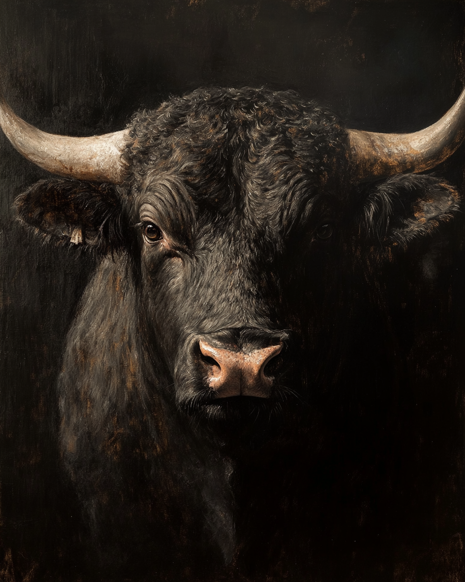 Front view Rembrandt painting realistic portrait bull AR 4:5