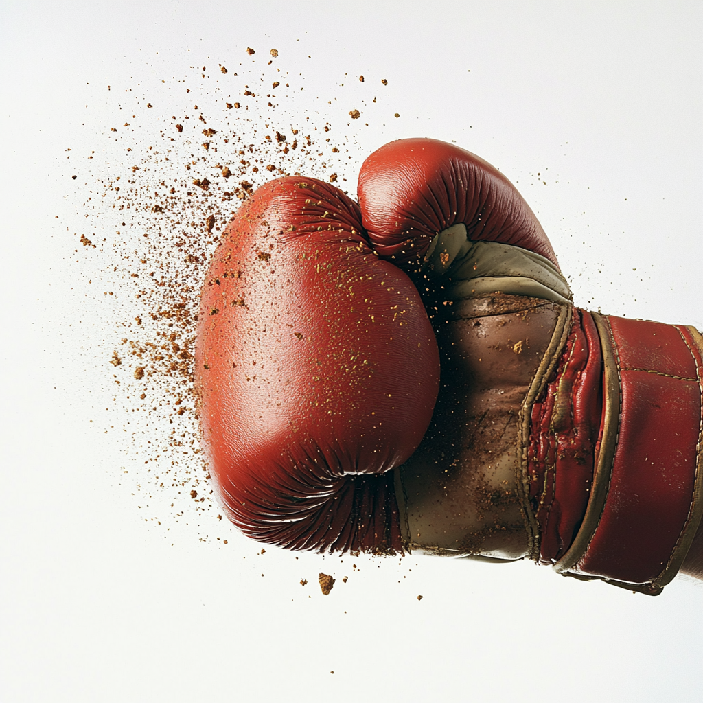 Front view hand in boxing glove hits screen.