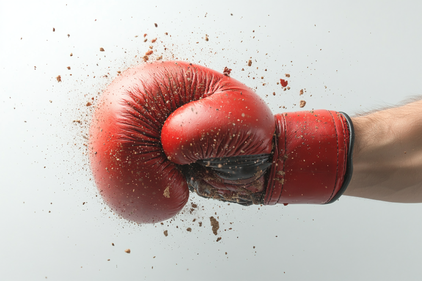 Front view hand in boxing glove hitting screen.