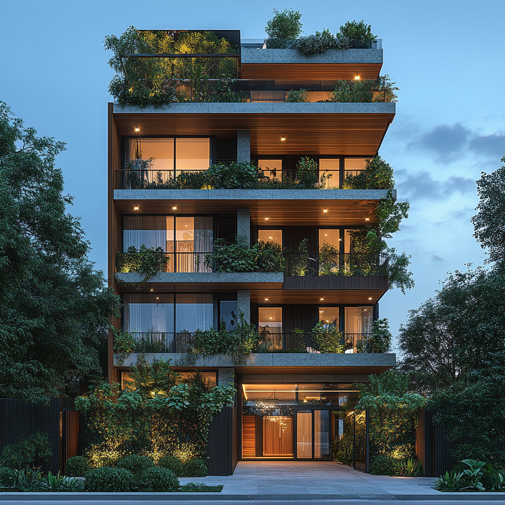 Front view of 8-story building, penthouse on top.