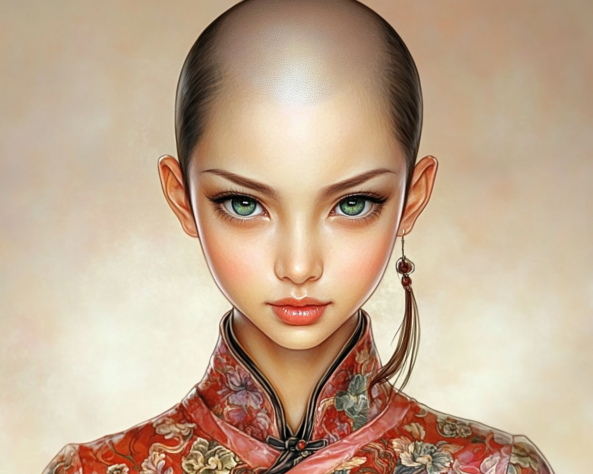 Front view of Chinese woman, bald, blue green eyes.