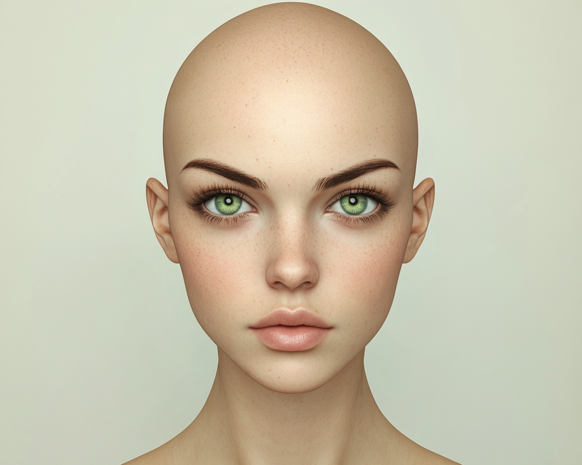 Front view of bald woman with blue-green eyes.