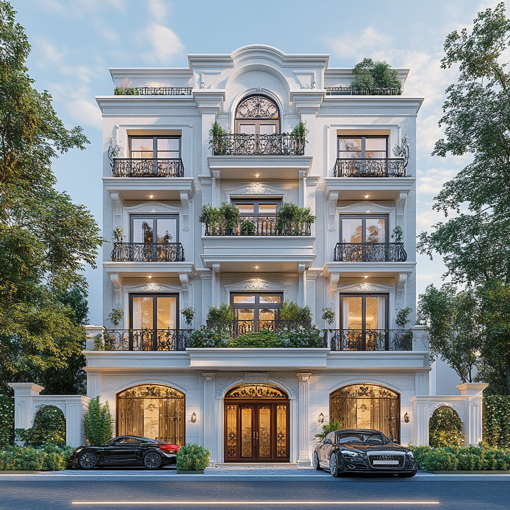 Front view of classical building with plants and balconies.