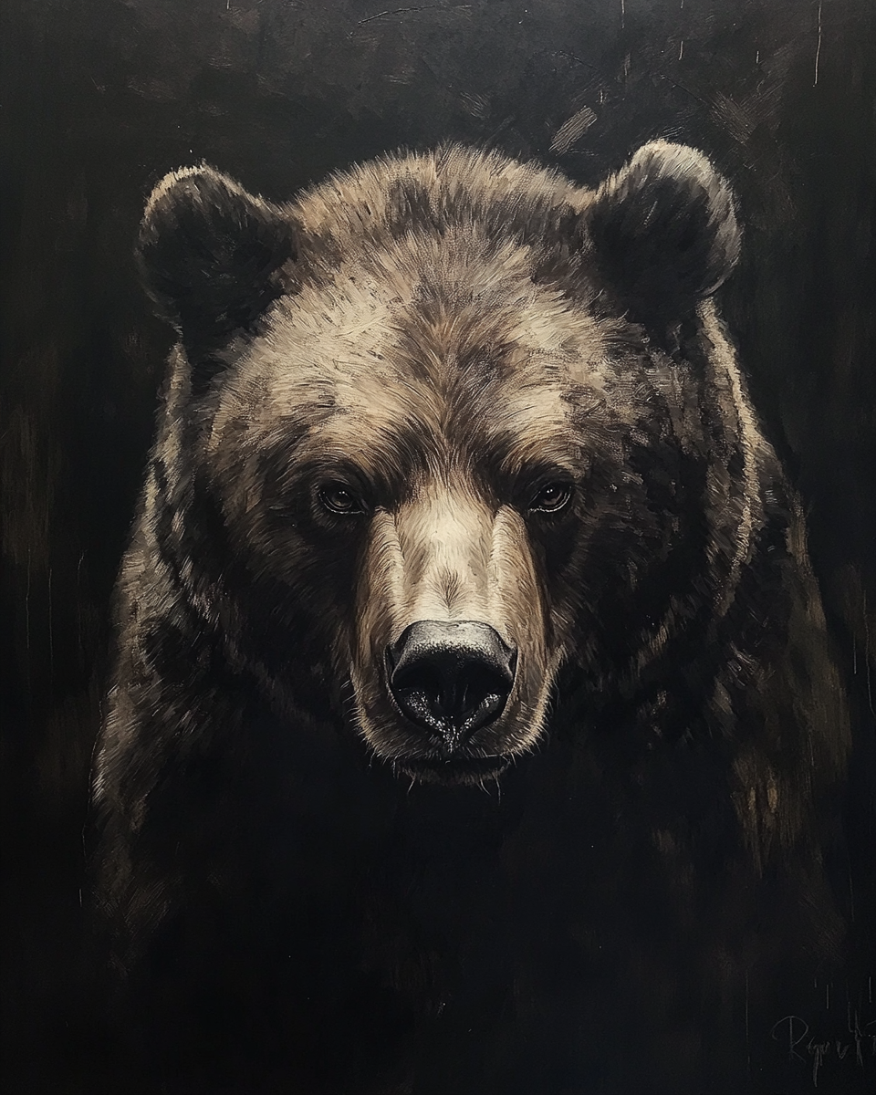 Front view portrait of massive bear, realistic Rembrandt style