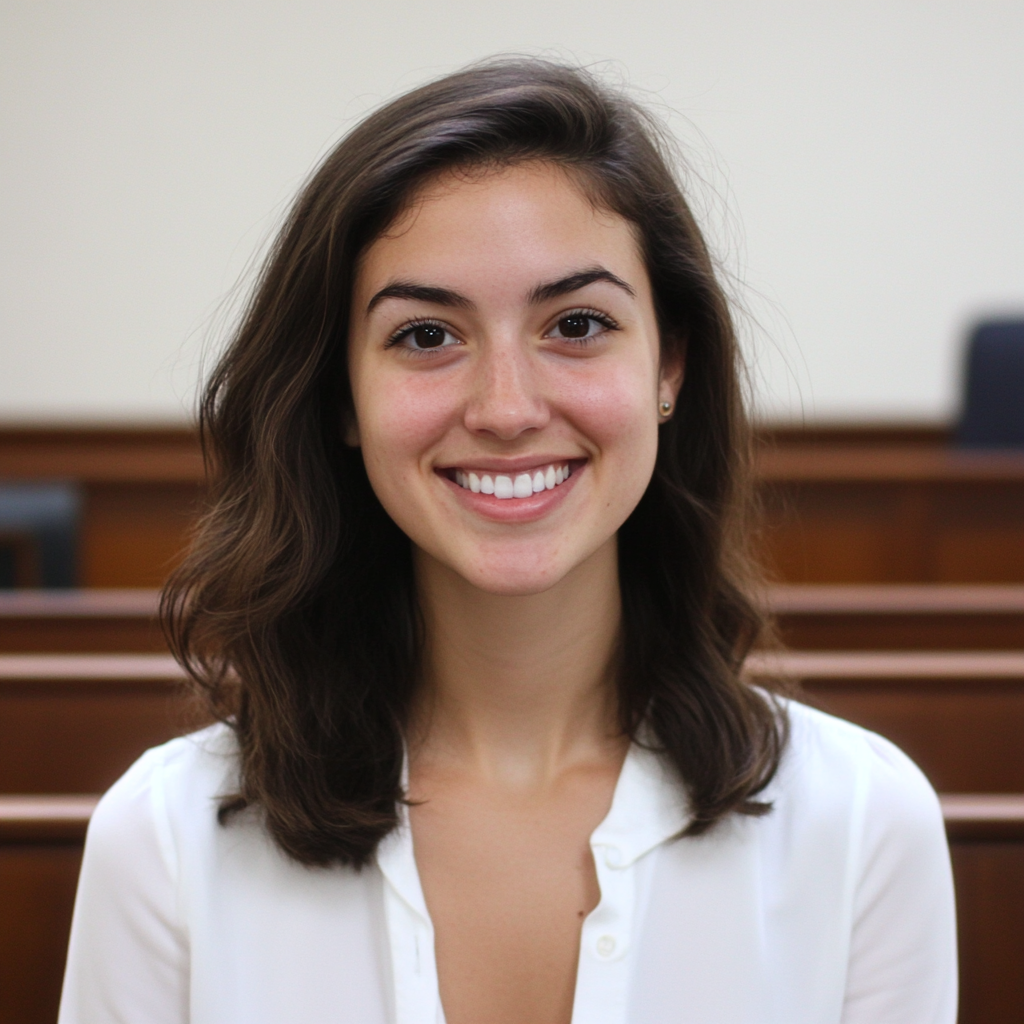 Frontal shot of smiling woman in courtroom setting.