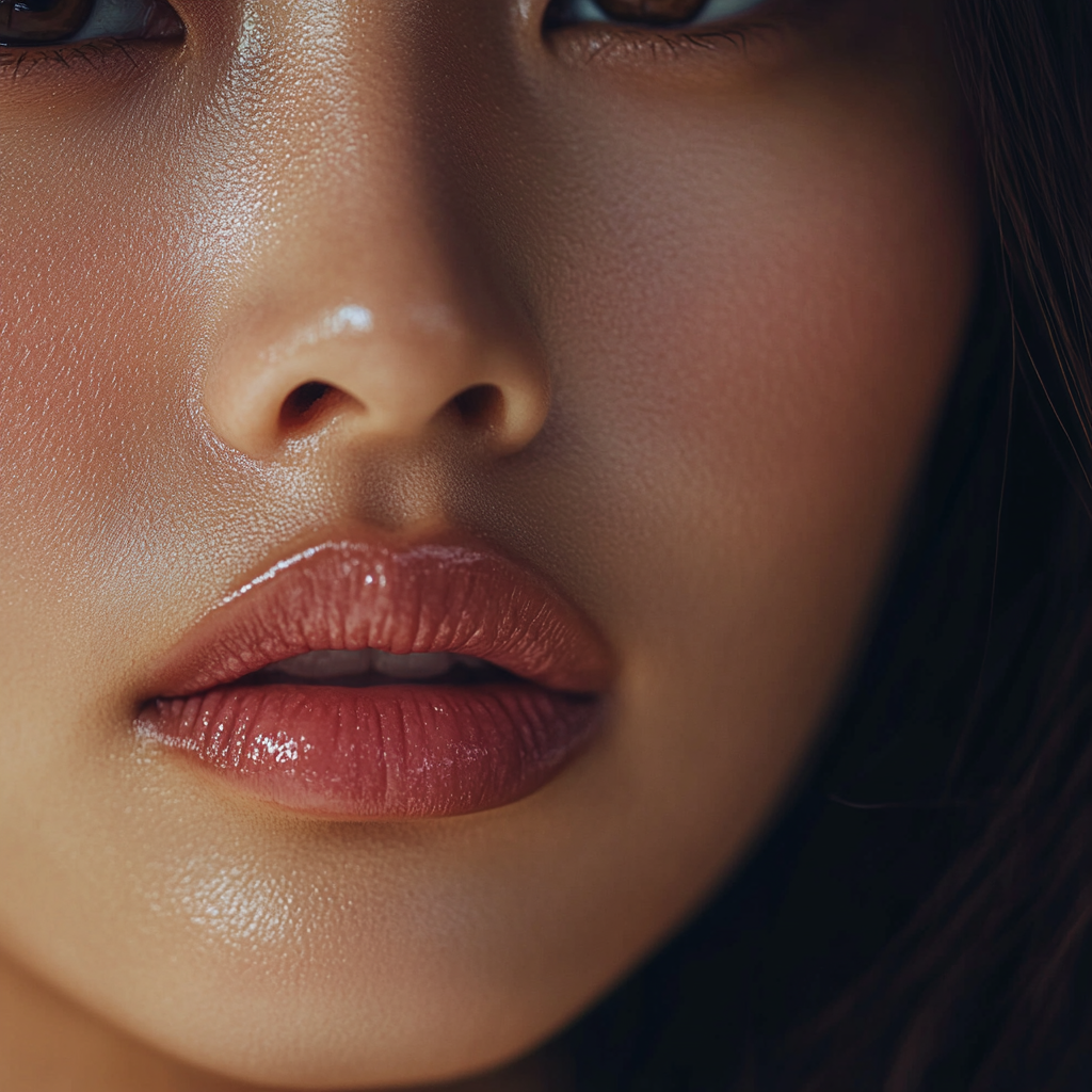 Frontal view of woman's plump pink lips.